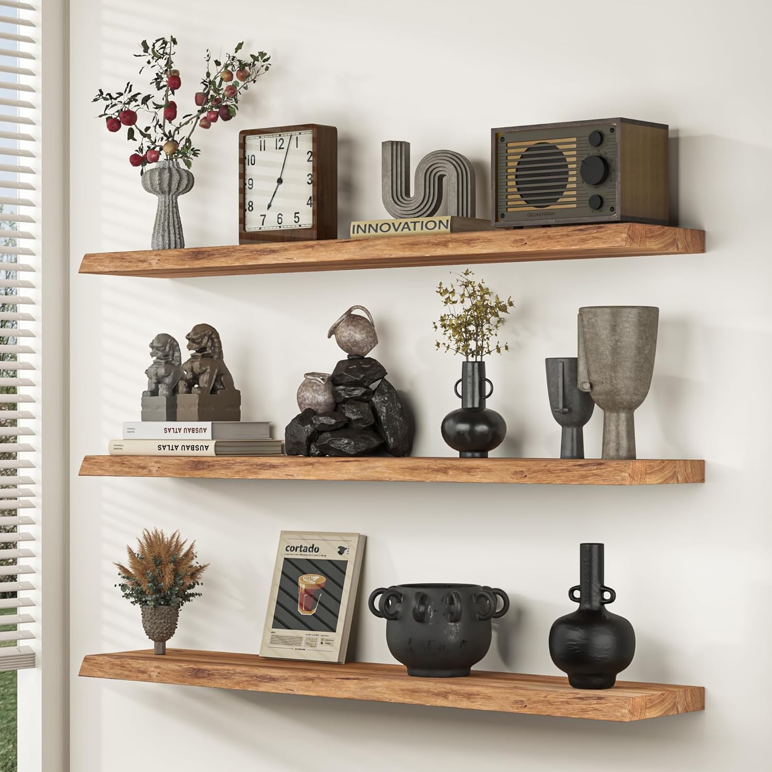 Rustic Elm Wood Floating Shelves by [Brand Name] - Heavy-Duty 36"x9.3" Set of 2 with Invisible Brackets | Natural Finish for Living Room, Bedroom, Kitchen