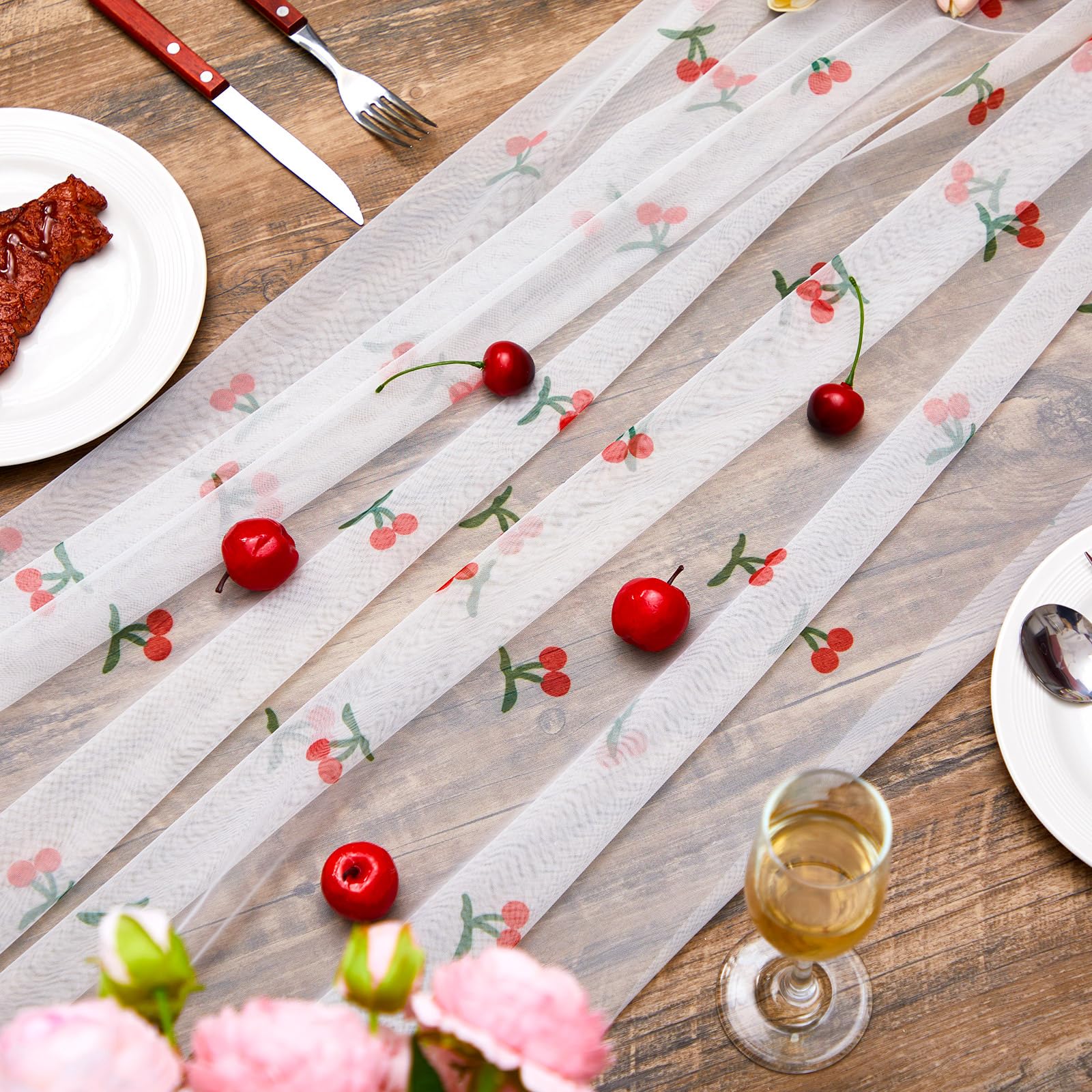 Windkream 2 Pack Cherry Table Runner 35x120 Inch Cherry Birthday Party Decorations Fruit Summer Lace Tulle Fabric Table Dining Room Kitchen Holiday Wedding Baby Shower Arch Veil Decor