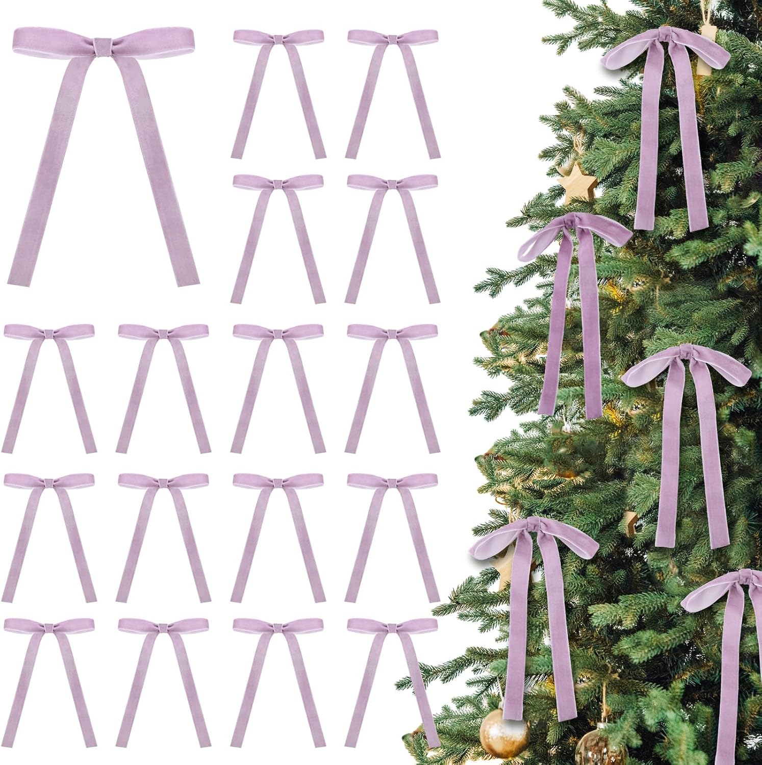 Skiennix 24 Pcs Velvet Bows - Vintage Ribbon Bows for Christmas Tree & Crafts | Light Purple, 5 x 7 Inch