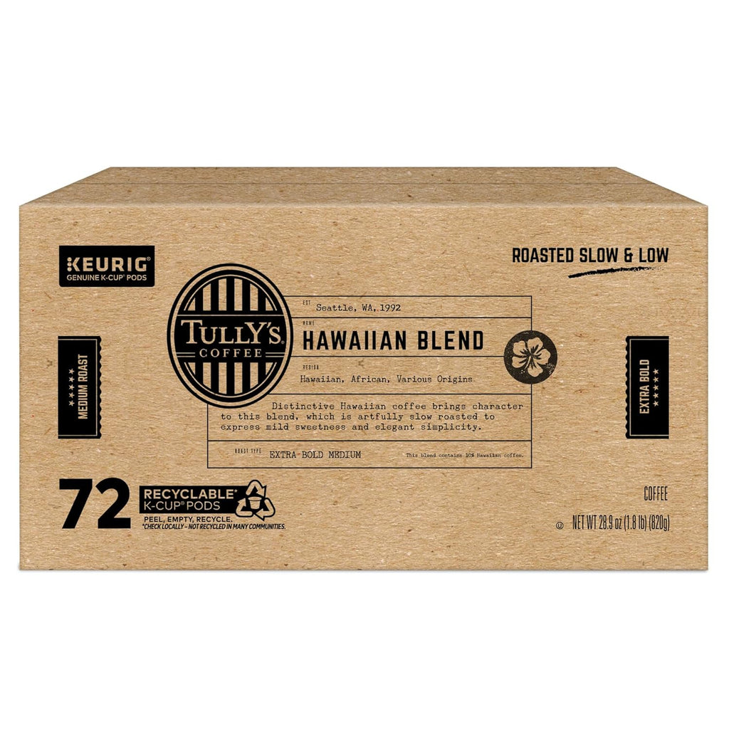 Tully's Coffee Hawaiian Blend K-Cup Pods - Medium Roast, 72 Count | Perfect for Keurig Brewers