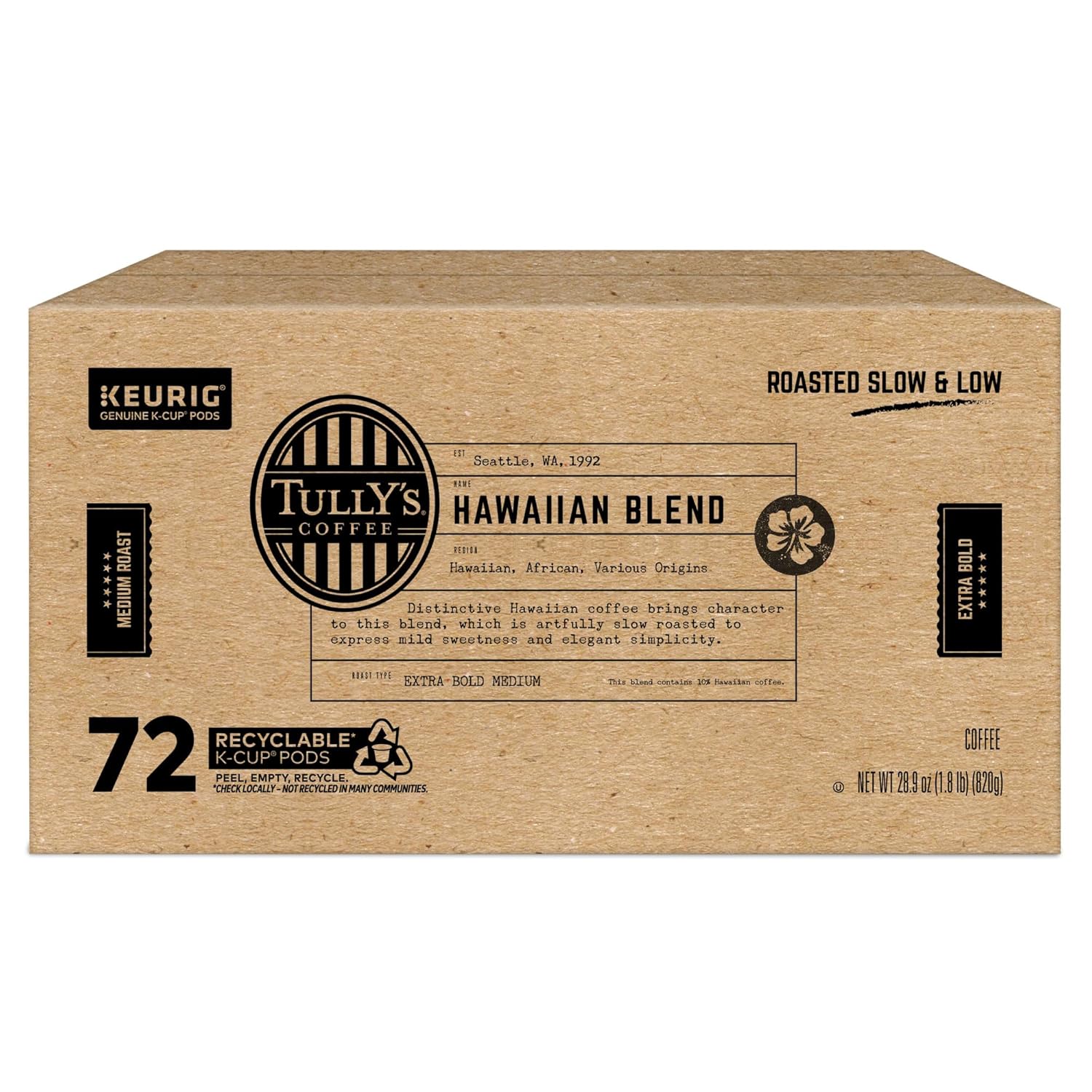 Tully's Coffee Hawaiian Blend K-Cup Pods - Medium Roast, 72 Count | Perfect for Keurig Brewers