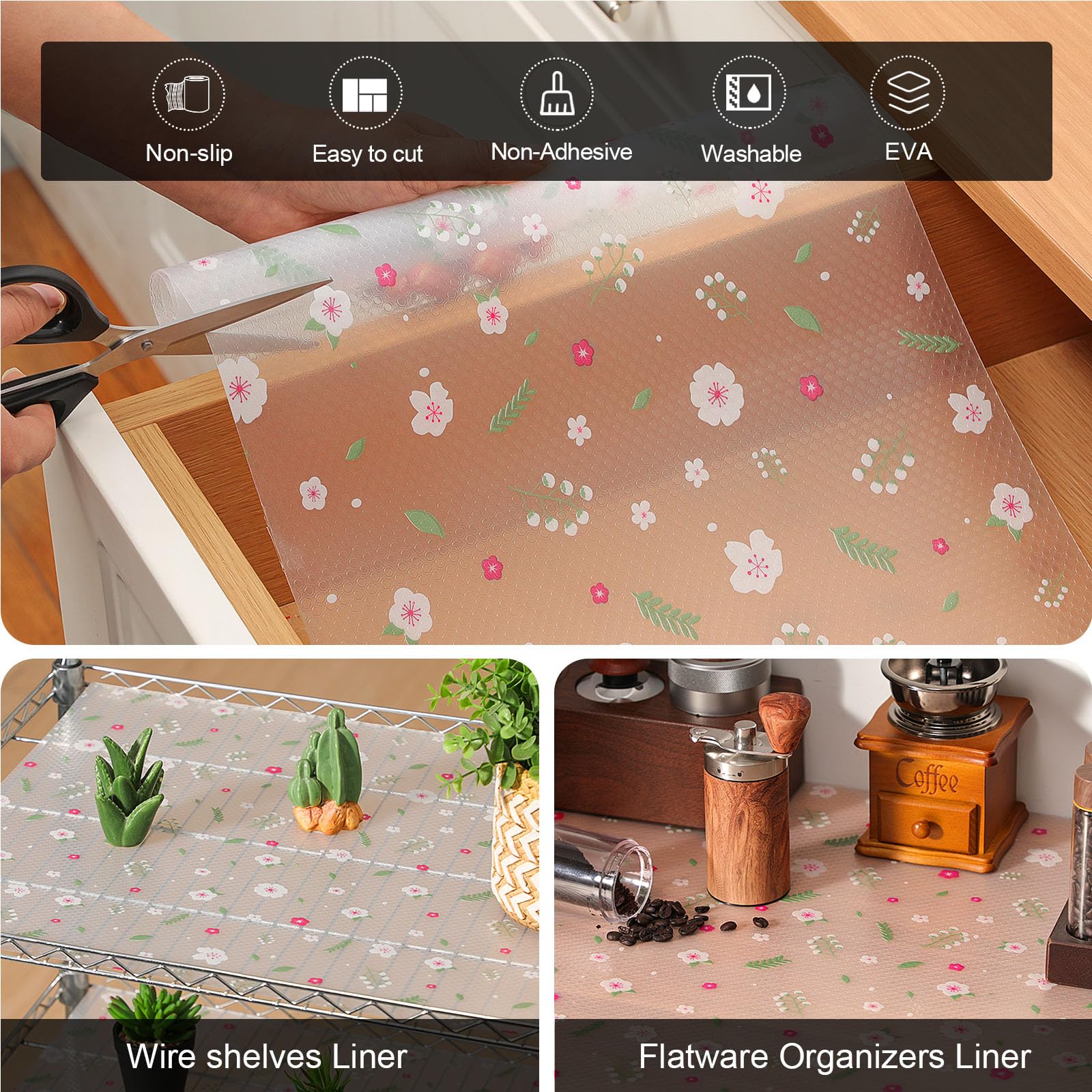 Cooyes Shelf Liner – Premium Non-Adhesive Cabinet & Drawer Liner for Kitchen – Waterproof Shelf Paper with Modern Pattern – Durable EVA Cabinet Mat – Easy to Cut （11.8" W x 120" L）