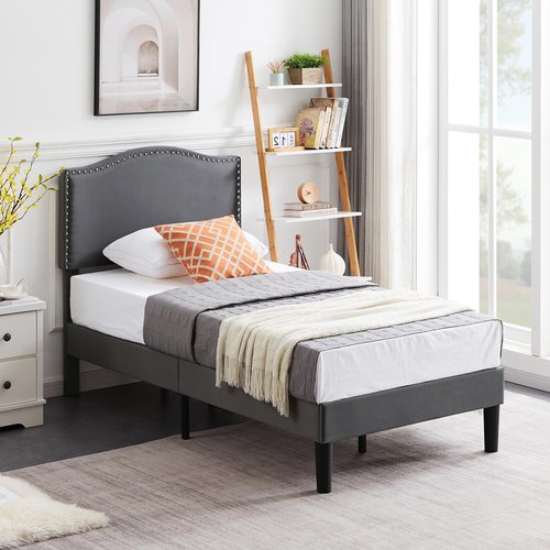VECELO Twin Bed Frame, Platform Bed Frame with Adjustable Height Upholstered Headboard, Heavy-Duty Frame and Strong Wooden Slats Support, Non-Slip and Noise-Free, Easy Assembly, Dark Grey