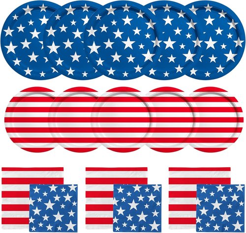 American Flag Party Supplies - Disposable Dinner & Dessert Paper Plates | Napkins for 50 Guests