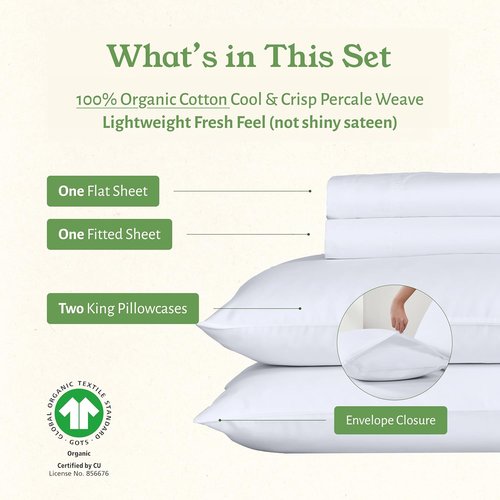 California Design Den King Size Sheets Set - Soft 100% Organic Cotton Percale Bedding | Breathable & Durable - White
