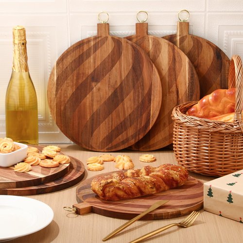 Fiwochic Set of 6 Christmas Round Cutting Boards Bulk Acacia Wood Charcuterie Cheese Serving Trays Holiday Party Platters with Engraved Swirl Stripe Pattern for Xmas Houseraming Kitchen Gifts(12 Inch)