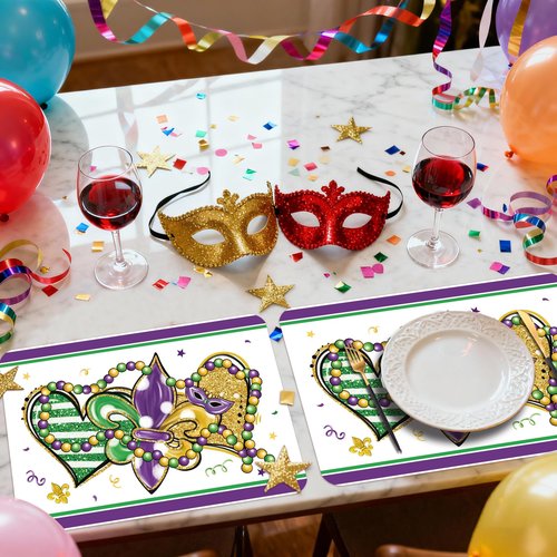 KOPOOEOE 6 Set Carnival Mardi Placemats, 11x16 Inch Fleur de Lis Heart Bead Plastic Placemats Spring Holiday New Orleans Cocktail Table Mats for Carnival Masquerade Party Festival Decor