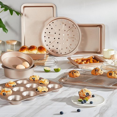 HONGBAKE Nonstick Bakeware Set - 10-Piece Kitchen Baking Pans with Wider Grips | Champagne Gold