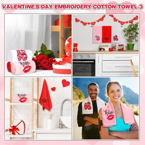 FuWeave 3 Pcs Embroidered Valentines Hand Towels for Bathroom 13.7 x 29.5 Inch Cotton Happy Valentine's Day Red Love Gnome Absorbent Bathroom Kitchen Dish Towel for Hand Drying Cleaning Cooking Gift