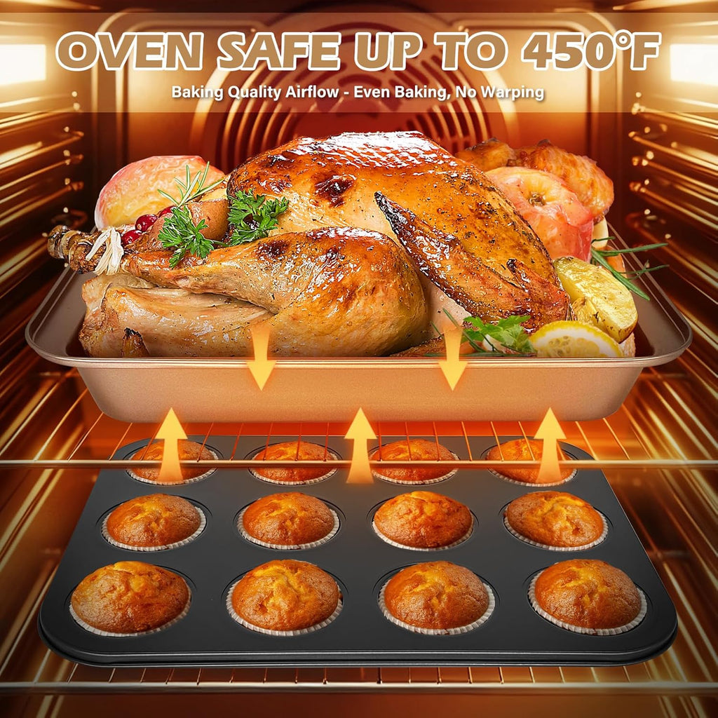 Skiennix Nonstick Bakeware Set - 15-Piece Baking Pan Set with Cooling Rack & Accessories - Oven Safe Metal
