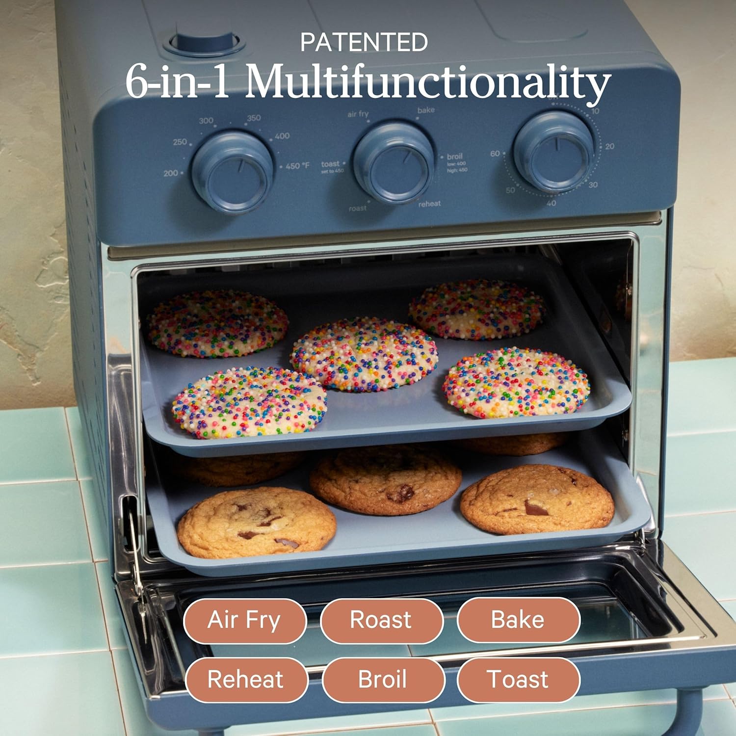 Our Place Wonder Oven - 6-in-1 Air Fryer & Toaster Oven with Steam Infusion | Nonstick Ceramic Bakeware Set (Round, Square & Muffin Pan) | Blue Salt