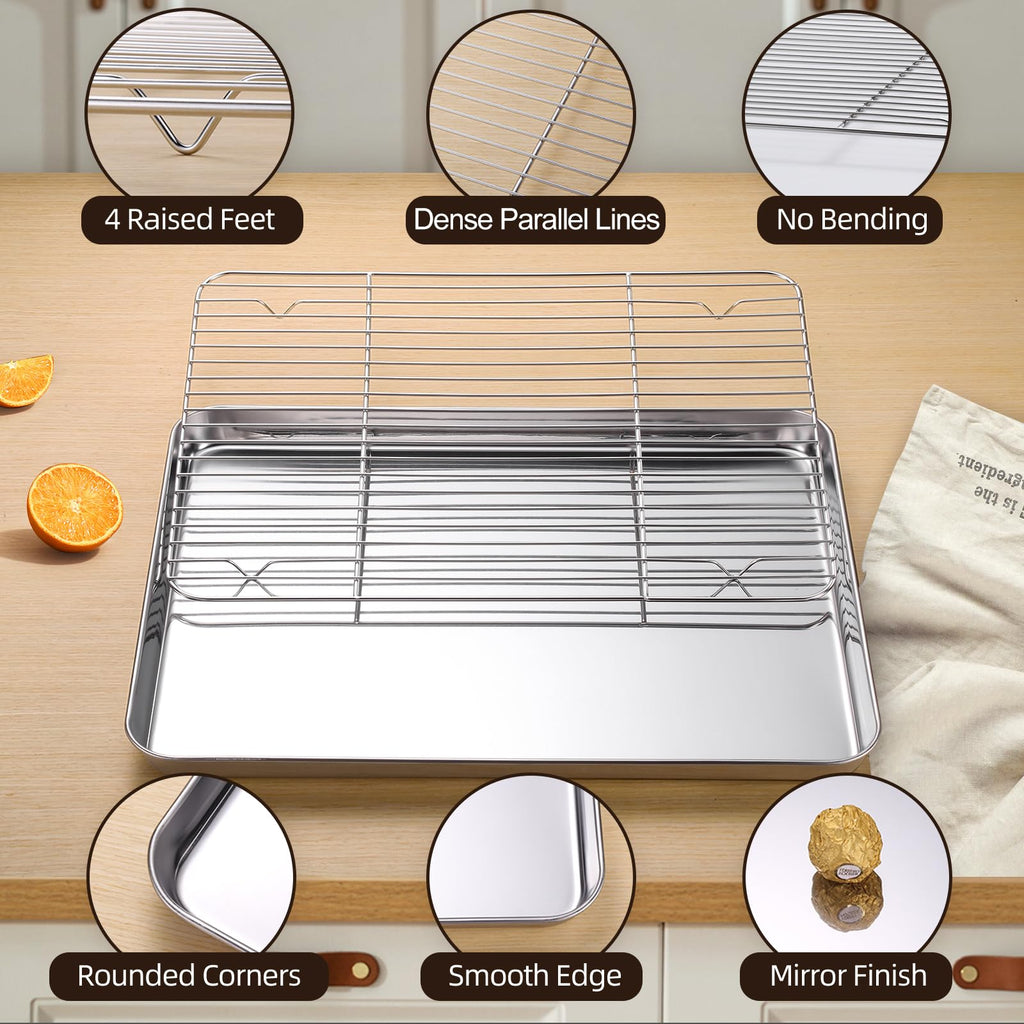 Amrules Baking Sheet with Cooling Rack Set of 6, 3 Premium Stainless Steel Cookie Sheets and 3 Wire Racks, Kitchen Nonstick Baking Pans Set Includes 3 Different Sizes, Heavy Duty Non Toxic