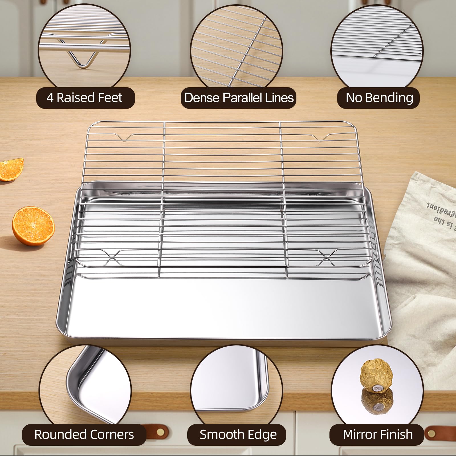Amrules Baking Sheet with Cooling Rack Set of 6, 3 Premium Stainless Steel Cookie Sheets and 3 Wire Racks, Kitchen Nonstick Baking Pans Set Includes 3 Different Sizes, Heavy Duty Non Toxic