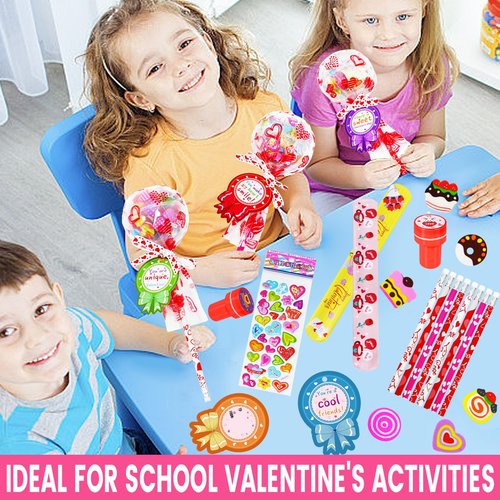 KPHNGB 28 Pack Valentines Gifts for Kids - Giant Lollipop-Shaped Class Stationery Set with Cards, Bulk Valentines Classroom Gifts for School Exchange Prizes