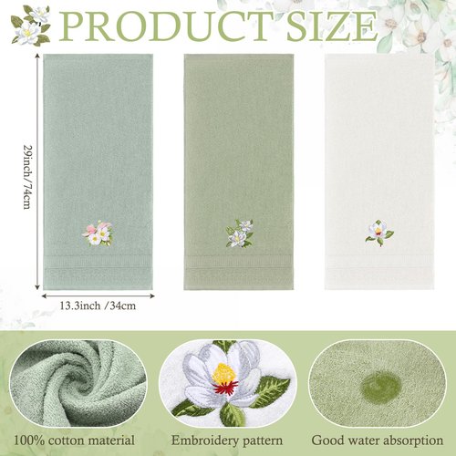 Tingjoo Magnolia Floral Hand Towels Farmhouse Green White Magnolia Bathroom Decor 14x29 Inch Embroidered Decorative Cute Summer Flowers Cotton Soft Absorbent Hand Towels for Bathroom Kitchen
