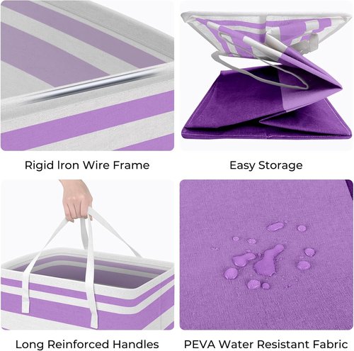 HomeHacks Large Waterproof Laundry Baskets - Collapsible Hampers with Reinforced Handles | Purple, 100L Each