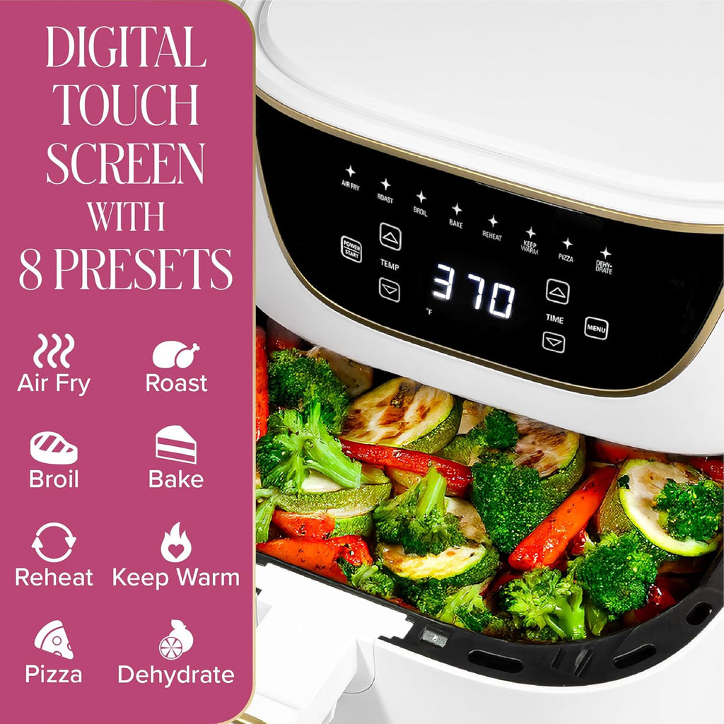 Paris Hilton Air Fryer - 6-Quart Nonstick Capacity | 8-in-1 Touchscreen, Dishwasher Safe, White