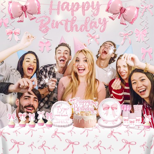 180pcs Coquette Birthday Decorations Include Coquette Plates and Napkins Set Banner Hanging Balloon Tablecloth Cake Topper Cupcake Toppers, for Girls Pink Bow Birthday Party Decorations, Serves 25