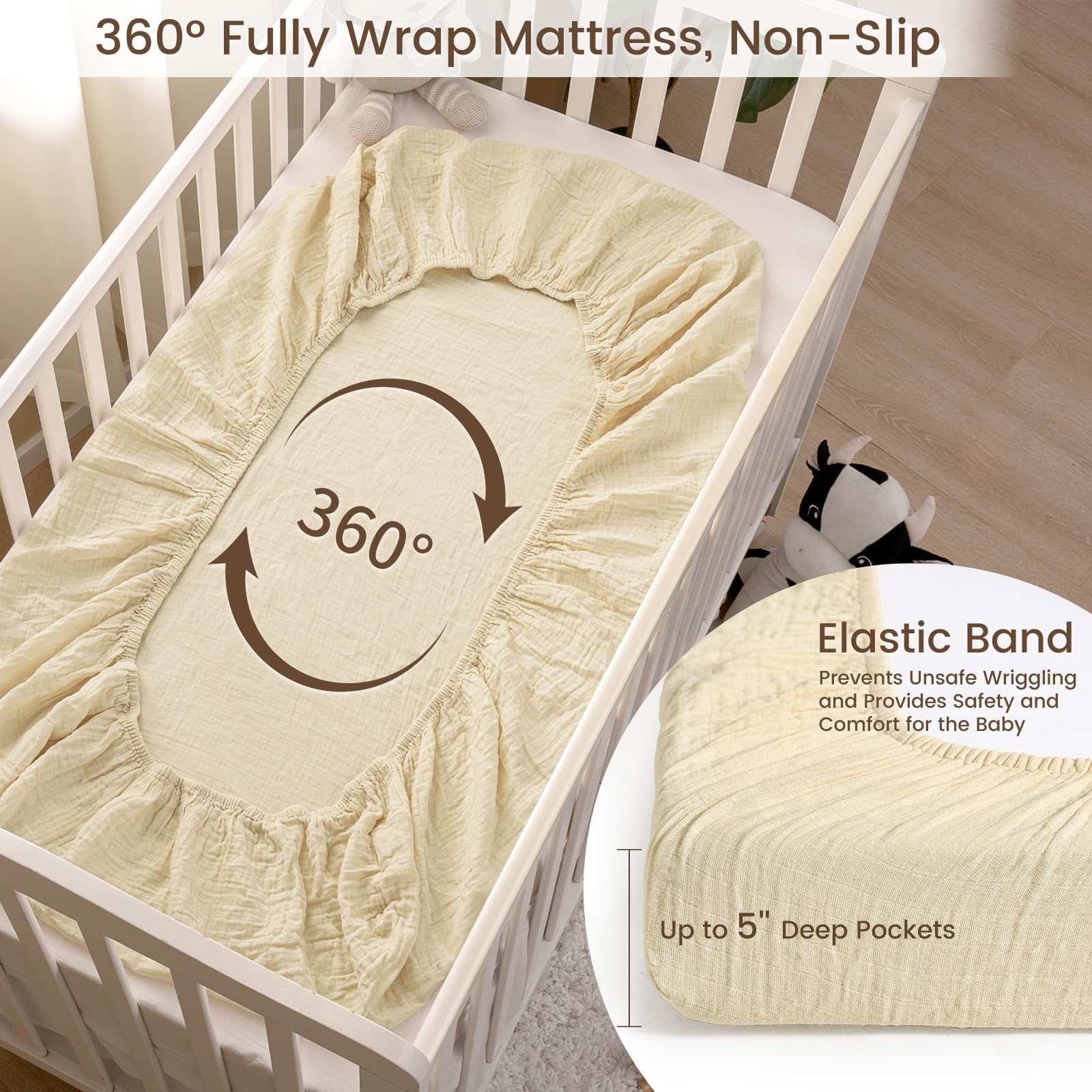 david's kids Muslin Mini Crib Sheets, 2 Pack Cotton Pack N Play Sheets for Boys Girls Neutral, Soft Breathable Baby Sheets Fit Pack N Play, Playard and Mini Crib Mattresses, Beige & Brown