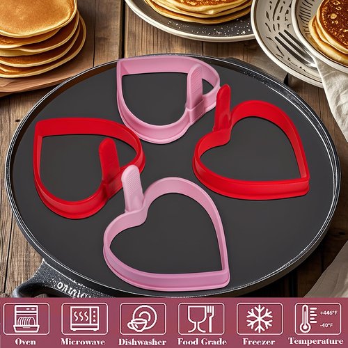 Heart Silicone Pancake Molds, 4 Pack Silicone Pancake Molds for Heart Shape Pancakes, Pancake Maker Mould Egg Rings for Griddle - Pink & Red