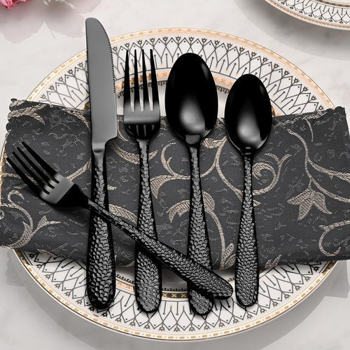 Black Hammered Silverware Set, 20-Piece Heavy Duty Stainless Steel Flatware Sets for 4, Food-Grade Cutlery Set for Home Restaurant, Mirror Polished, Dishwasher Safe