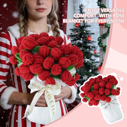 Lomxene Handmade Roses Flower Bouquet Blanket Crochet Red Flowers and Green Lace for Birthday Wedding Valentines Day Home Decor (Red 52 Roses - Finished)