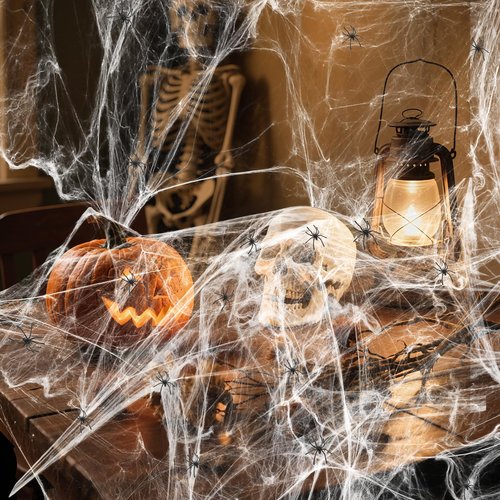 Land Guard 1000 sqft Spider Web, Bonus with 50 Artificial Spiders, Fabric Spider Webbing, Cobweb Halloween Decor for Indoor and Outdoor Party Supplies