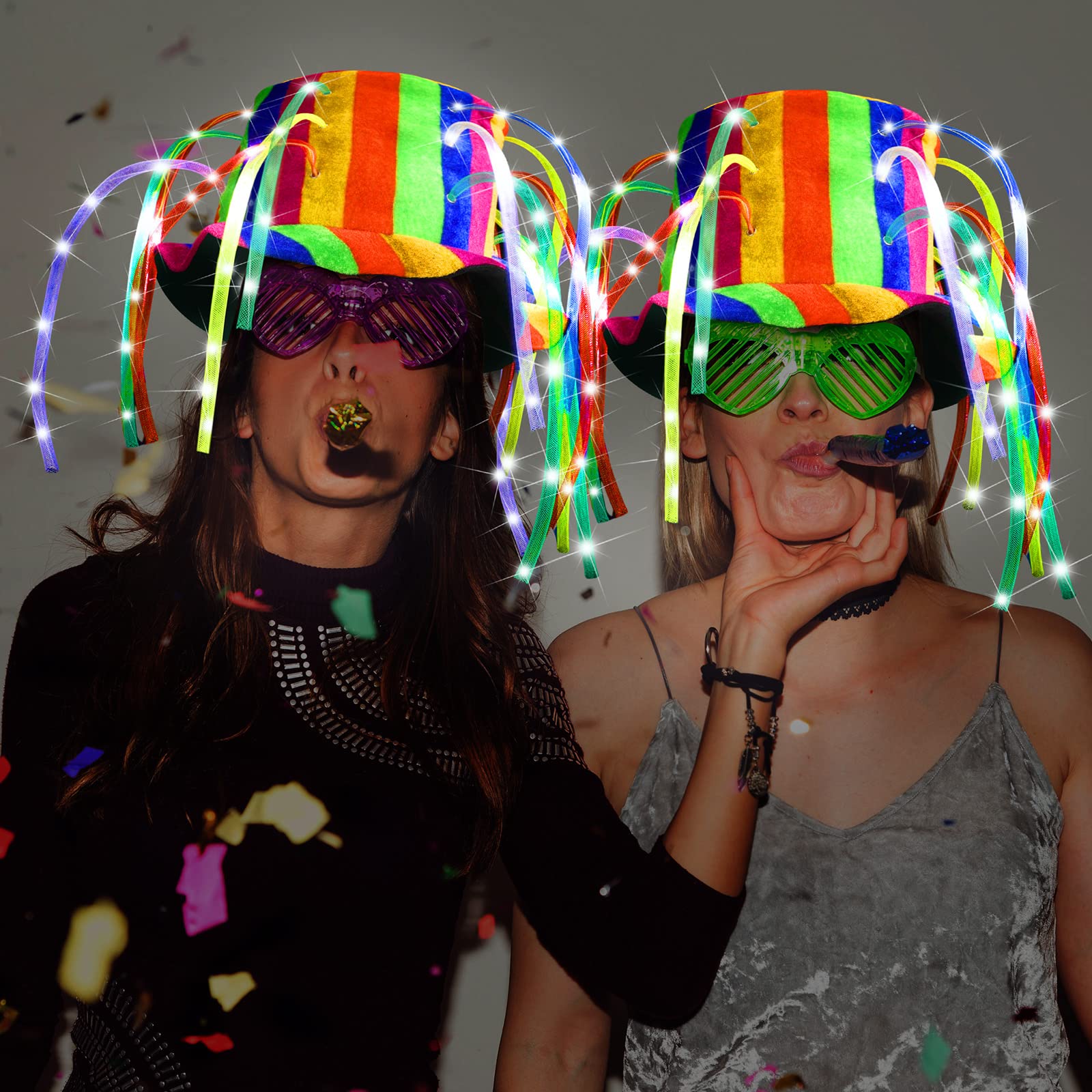 Wesiti 6 Pcs LED Funny Clown Crazy Hat Light up Jester Glow in Dark Crazy Hat Mardi Gras Noodle Hair for Adults Party Cosplay Costume Decor Supplies