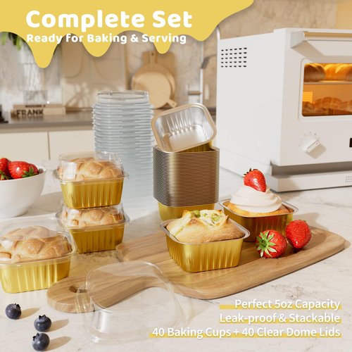 40 Pack 5 OZ Mini Cake Pans with Lids, Disposable Square Aluminum Foil Brownie Baking Cups, Mini Aluminum Foil Cupcake Muffin Tin Ramekins, Flan Molds Cake Containers for Wedding Birthday Party,Gold