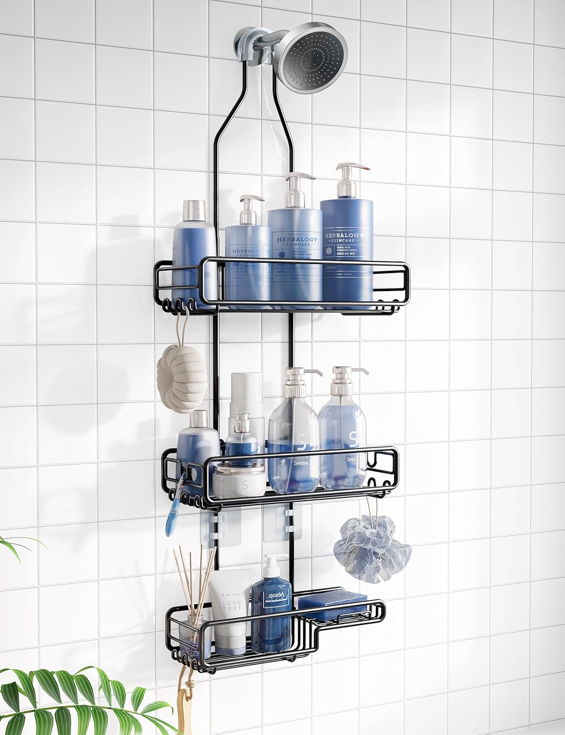 Skiennix Shower Caddy - Adjustable Overhead Organizer for Tall Showerheads | Extra Large Storage for Shampoo & Soap