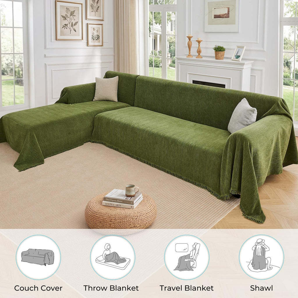 CAPALOCA Sectional Couch Covers 2 Pieces, L Shaped Couch Cover with Herringbone Pattern Chenille Sectional Cover Washable Sofa Slipcovers (X-Large: 71" x 110" + 71" x 118", Green)