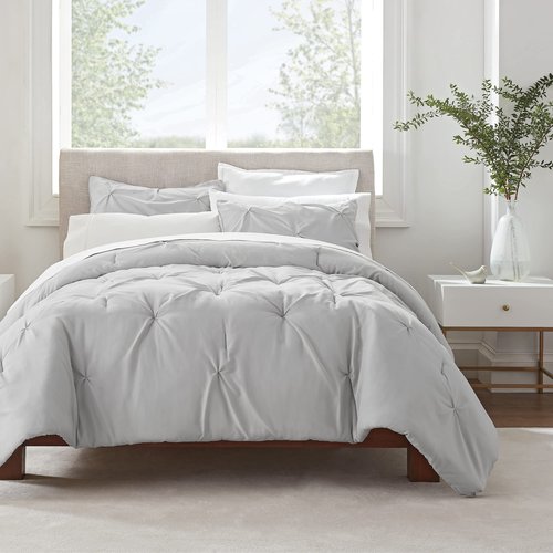 SERTA Simply Clean Soft Lightweight Pleated 3 Piece Hypoallergenic Comforter Set, Full/Queen, Grey