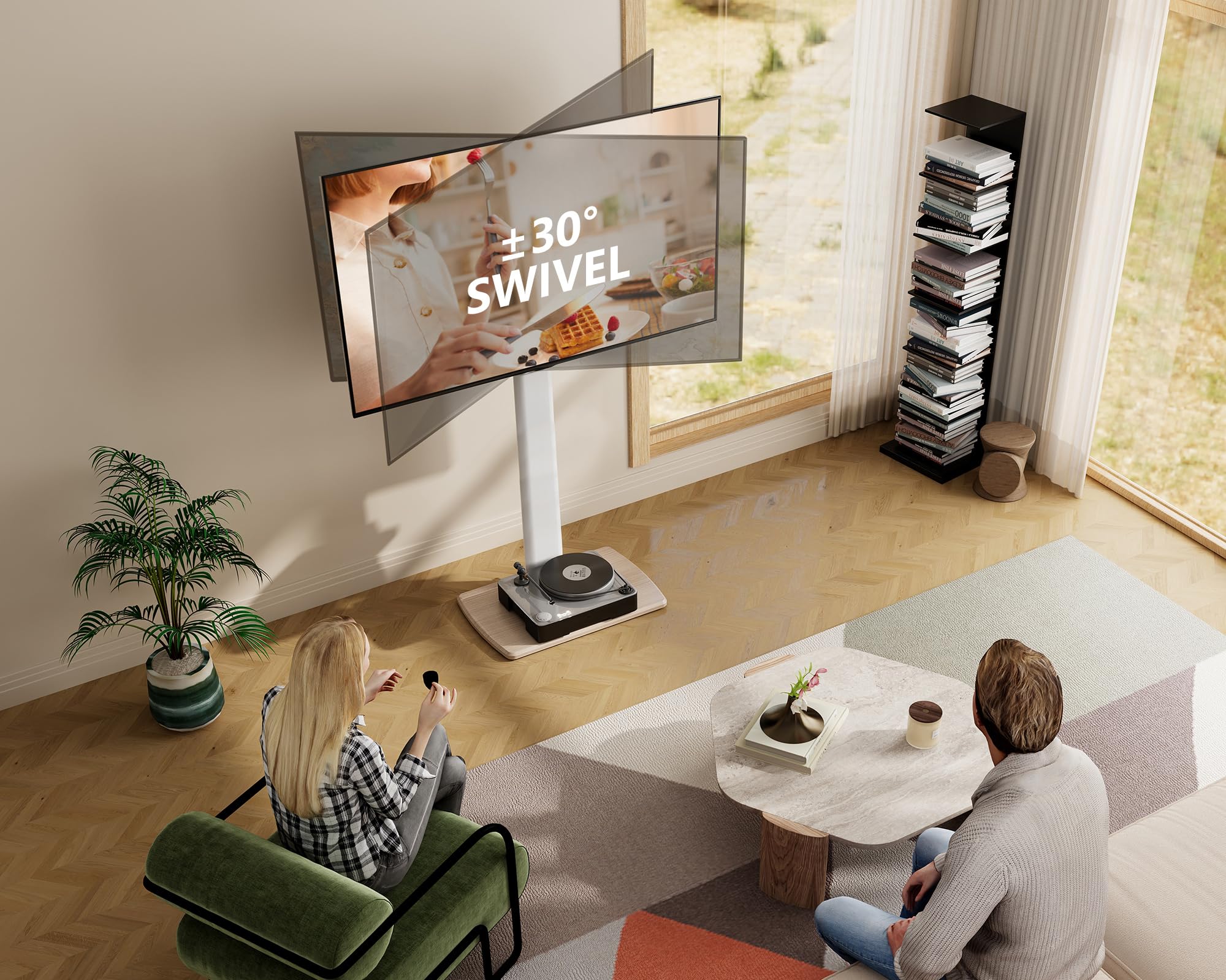 FITUEYES Swivel Floor TV Stand for 32 to 75 Inch TVs, Tall Universal TV Stand Mount with Sturdy Wooden Base, Space Saving for Corner Bedroom Living Room, White