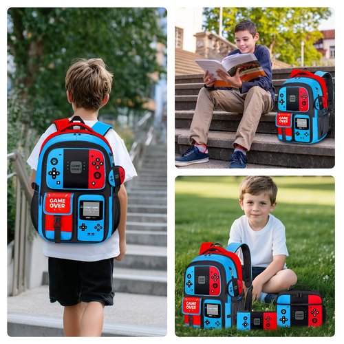 TOWIHUN Gamer Backpack for Boys, 4pcs Gaming Boys Backpack with Lunch Box and Pencil Case for Kids, Video Gamer School Bags