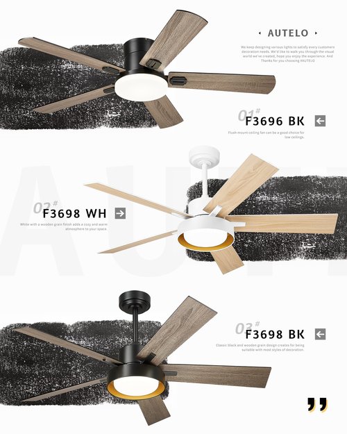 AUTELO 52" Ceiling Fans with Lights, Farmhouse Low Profile Ceiling Fan with Light and Remote, 3CCT 24W Flush Mount Ceiling Fan with 5 Blades and Reversible DC Motor for Living Room, F3696 BK-NW