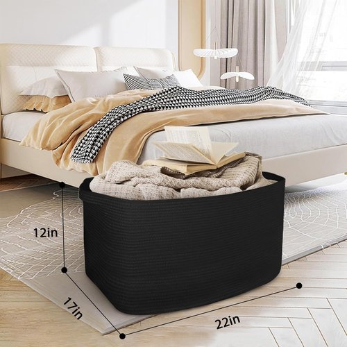 HONCESTA Extra Large Black Basket, 22" X 17" X 12" Rectangle Woven Bin for Storage, Soft Cotton Rope Kids Room Toy Box Bins, Big Wicker Basket Organizer for Blankets, Pillows, Laundry