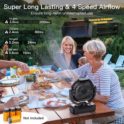 Wavmill Battery Operated Fan [200H Max], 2 in 1 D-Cell Battery & USB Powered Fans, Portable Camping Fan with 4 Speeds, Light, Timer, Remote for Outdoor Tent, Travel, Picnic, Office, Bedroom - Black