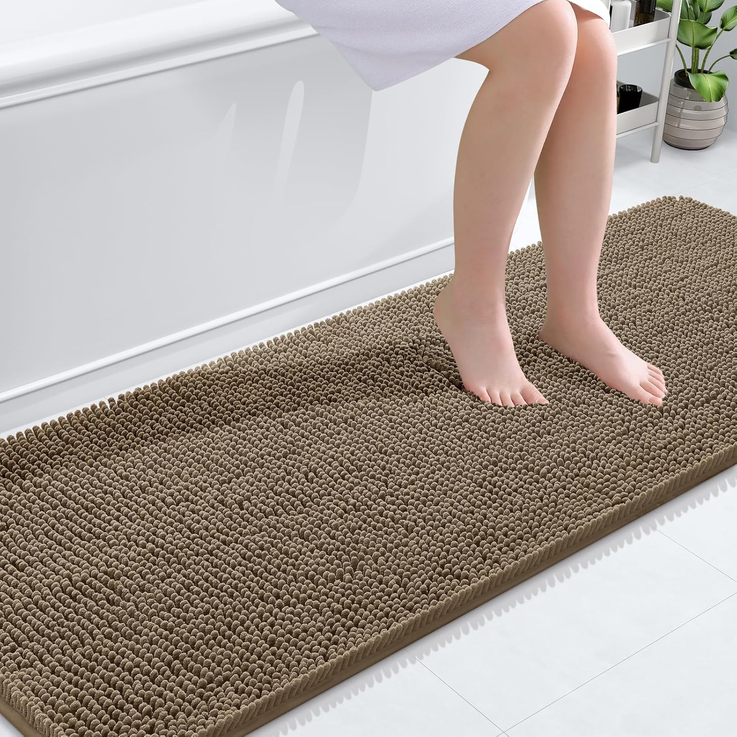 OLANLY Bathroom Runner Rugs - Extra Soft Chenille Bath Mat with Rubber Backing | 70x24, Tan, Quick Dry & Machine Washable