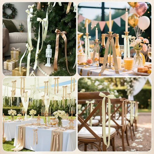 Lyrow 36 Pcs Champagne Ivory Satin Ribbon Bows - Elegant Wedding & Party Decor (19.7" x 5.28")