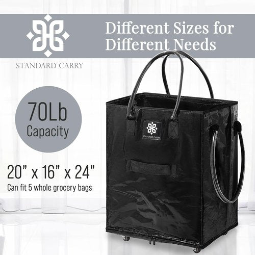 STANDARD CARRY Reusable Grocery Bag With Wheels | Foldable Rolling Tote With Handles | Zipper Closure | Waterproof | Carry up to 65Lbs [Medium, Black]
