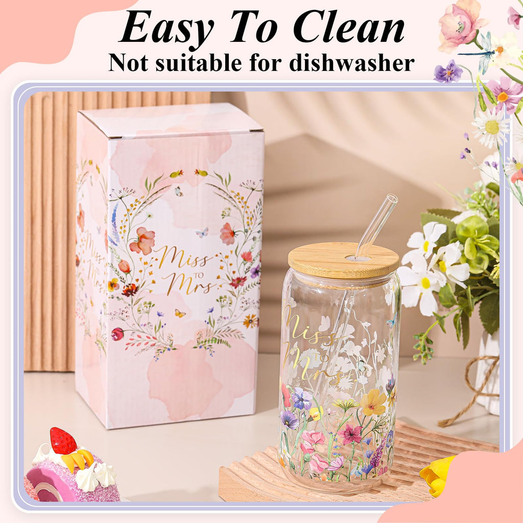 Mumufy Bride to Be Gifts 16oz ‘‘Miss to Mr’’ Bridal Tumbler Glass Cup with Bamboo Lid & Straw, Bridal Shower Engagement, Wedding Day & Bachelorette Party Gift for Future Mrs Wife Bride