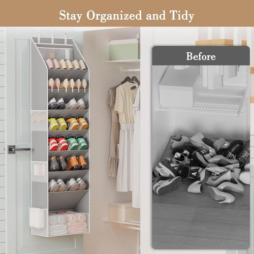 Criusia Shoe Organizer - Over The Door Hanging Storage with Large Pockets | Fits 16-24 Pairs, Gray