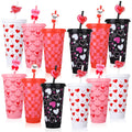 Ovveroche 12 Pcs Valentine's Day Plastic Cups with Lids and Straws and Straw Caps 24 oz Reusable Cups Travel Mug Bulk for Valentine's Day Birthday Wedding Anniversary Party Favors