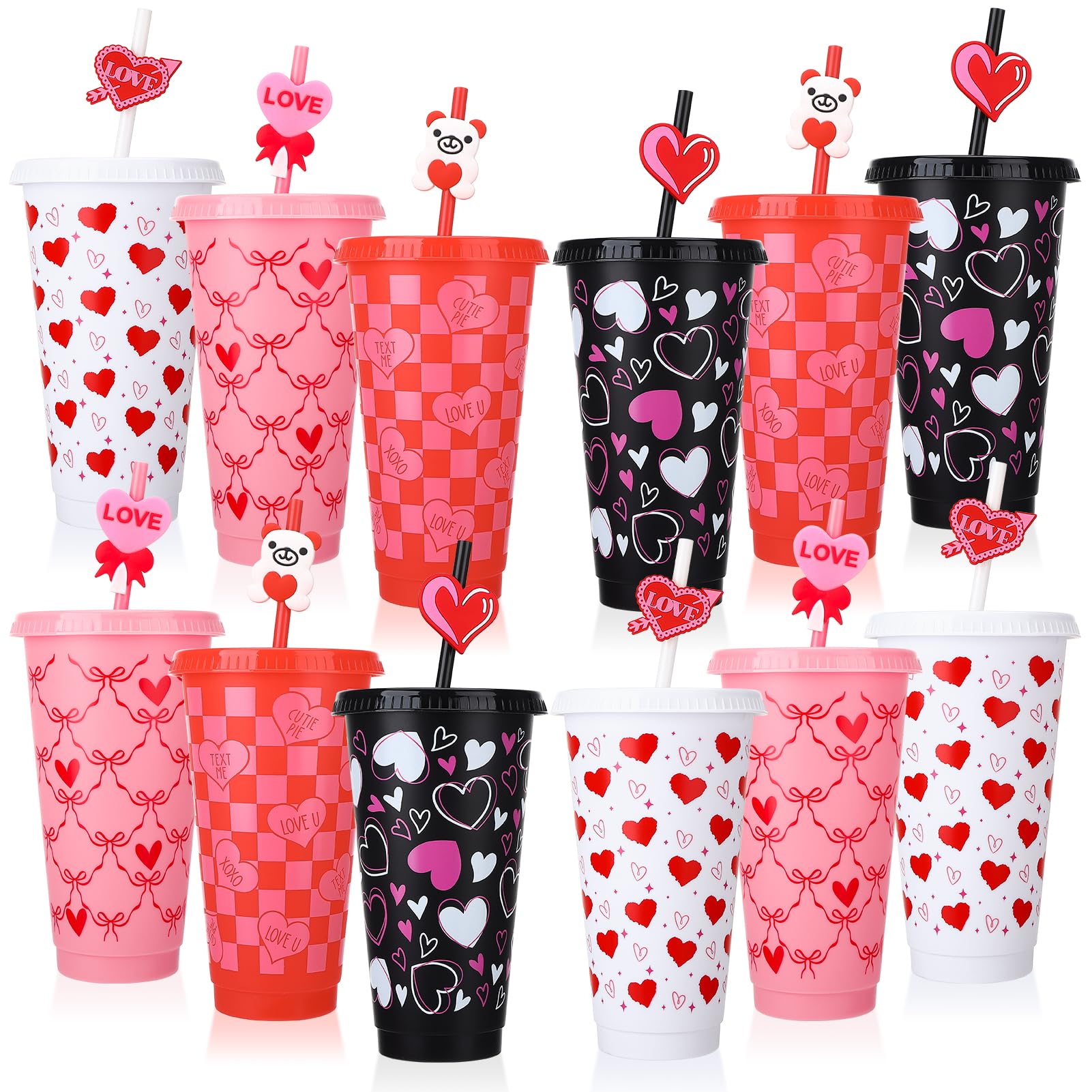 Ovveroche 12 Pcs Valentine's Day Plastic Cups with Lids and Straws and Straw Caps 24 oz Reusable Cups Travel Mug Bulk for Valentine's Day Birthday Wedding Anniversary Party Favors