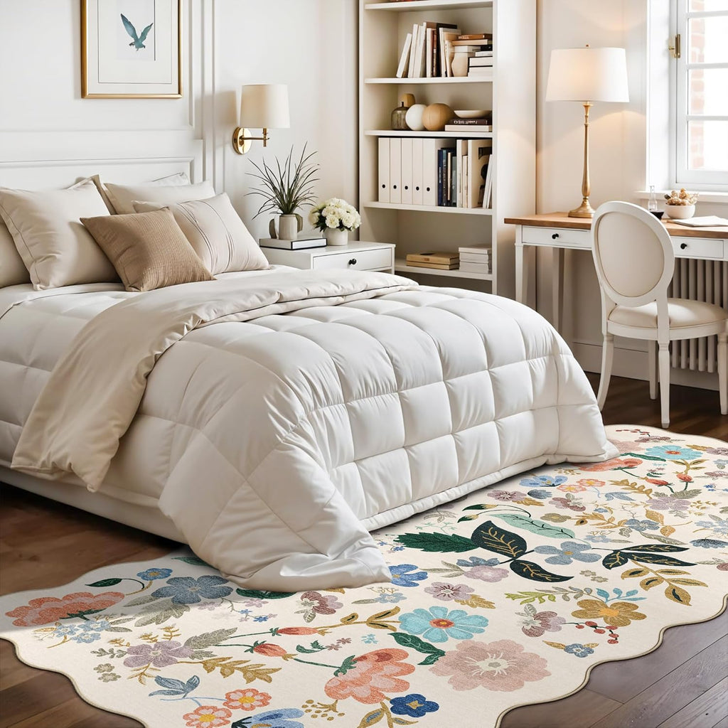 Skiennix Washable 4x8 Wide Runner Rug - Non-Slip Scalloped Floral Design | Soft, Stain-Resistant Carpet for Hallway, Kitchen, and Bathroom (Cream)