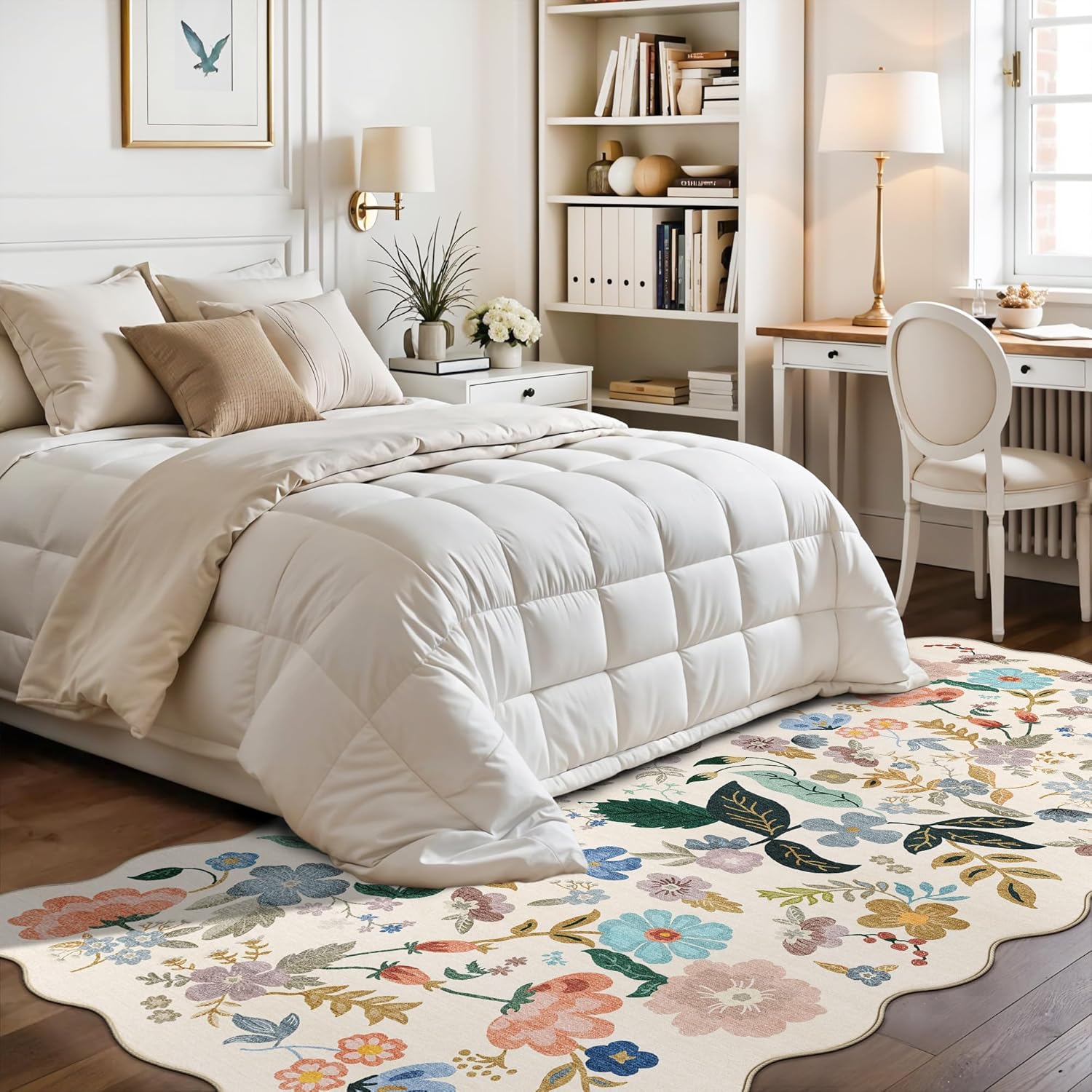 Skiennix Washable 4x8 Wide Runner Rug - Non-Slip Scalloped Floral Design | Soft, Stain-Resistant Carpet for Hallway, Kitchen, and Bathroom (Cream)