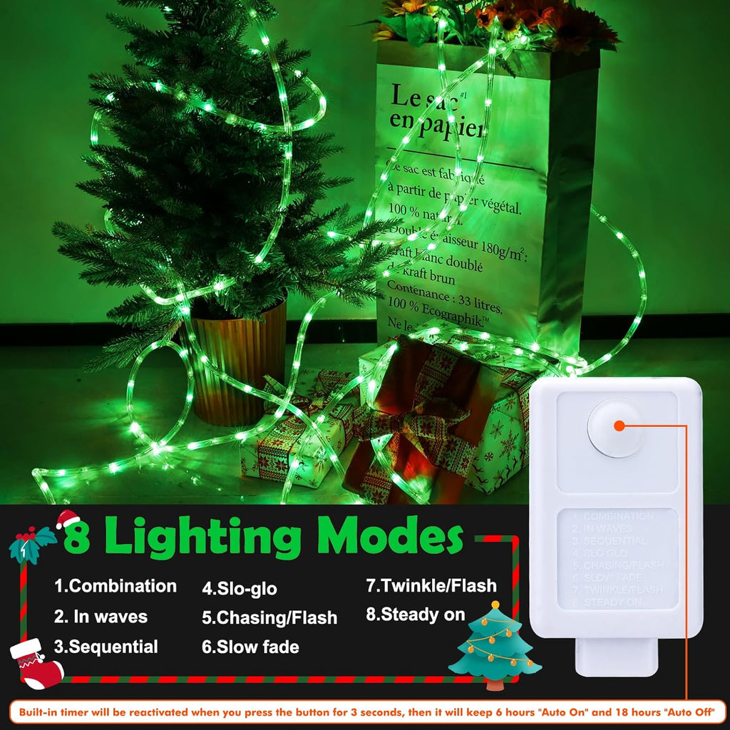 Skiennix 100ft LED Rope Lights - Waterproof, Flexible Tube Lighting with 8 Modes | Green for Outdoor & Indoor Decor