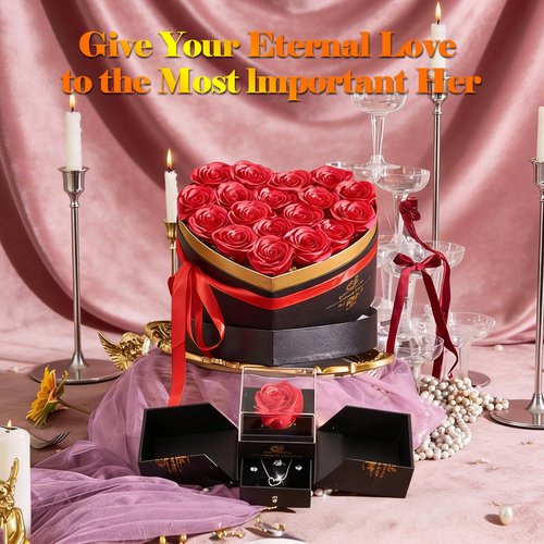 Gifts for Women Artificial Forever Flowers Box & Preserved Roses with Necklace Ring Earrings,Gifts for Her Girlfriend Mom Wife Grandma on Mothers Day Birthday Valentines Christmas Anniversary,Wedding