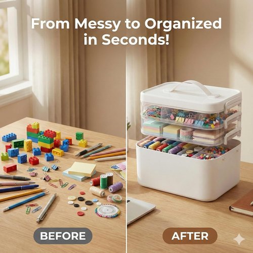 Craft Storage Organizer Box by Stackable | 13.3 QT with Handle & 3 Removable Trays - White