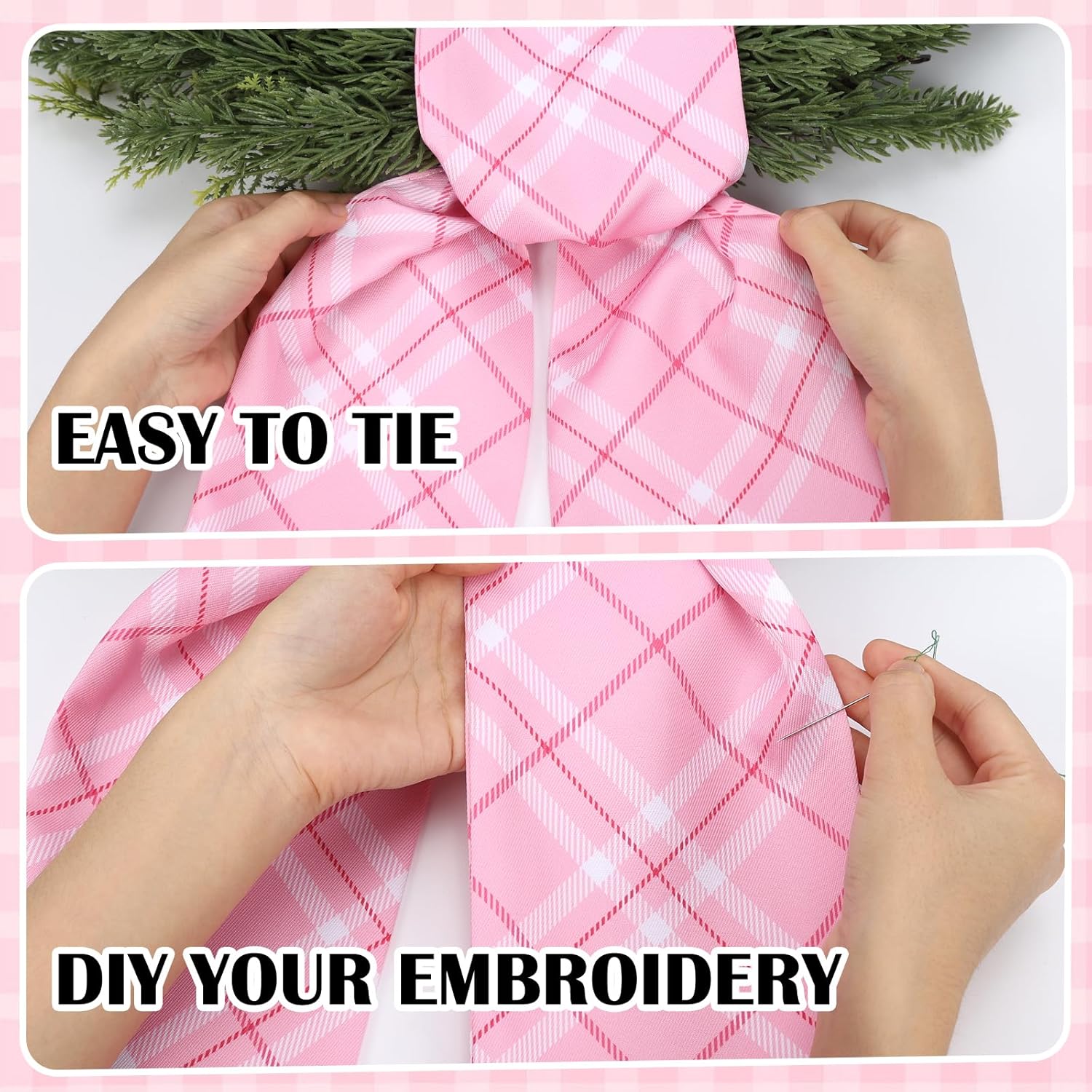 Pink Plaid Wreath Sash - 2 Pcs 60-Inch Buffalo Plaid Sashes for Valentine's Day & Wedding Decor